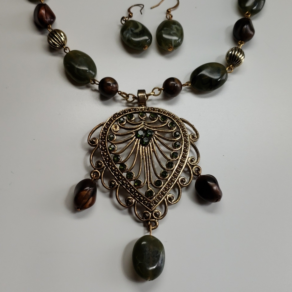 Brown and Green Stone Necklace and Earring Set